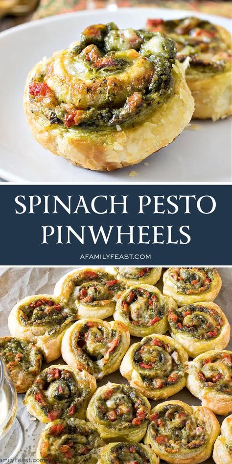 Spinach Pesto Pinwheels - A Family Feast® Pesto Pinwheels, Pesto Appetizers, Puff Pastry Recipes Appetizers, Puff Pastry Pinwheels, Savory Puff Pastry, Puffed Pastry, Pesto Spinach, Puff Pastry Appetizers, Spinach Pesto