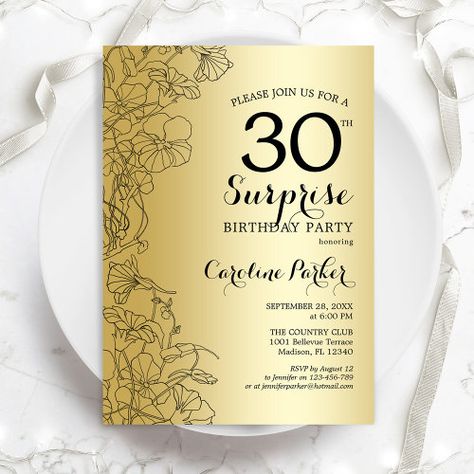 $2.80 | Gold Surprise 30th Birthday Party | Birthday Invitations | surprise 30th birthday, surprise birthday, womans birthday, surprise party, floral, elegant, botanical, gold, gold black, gold glitter Shhh Its A Surprise, Surprise 50th Birthday Party, Surprise 30th Birthday, Surprise 60th, 50th Anniversary Invitations, 90th Birthday Invitations, 60th Birthday Party Invitations, 30th Birthday Party Invitations, 40th Birthday Party Invites