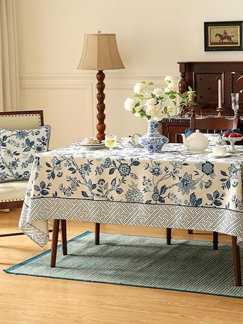 bilin gaier Vintage Blue and White Rectangular Table Cloth,Elegant Navy Branch and Flower Pattern Decorative Tablecloth,French Linen Table Cover for Kitchen Thanksgiving Christmas New Year,55"*71" Rectangular Table Cloth, Table Cloth Decorations, Beige Kitchen, Vintage Blue And White, White Table Cloth, Spring Table, Table Cloths, French Linen, Rectangular Table