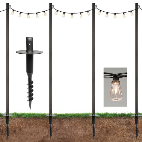 PRICES MAY VARY. STURDY CONSTRUCTION - Crafted from durable steel tubing with a 1.75-inch diameter and a black powder-coated finish, these poles are built to withstand the elements and provide long-term use. EASY ASSEMBLY - Each pole assembles in three sections, reaching up to 10 feet in height, and features carabiner clips for straightforward attachment of the included string lights. ELEGANT ILLUMINATION - The 100-foot string of LED lights features shatterproof bulbs with a classic Edison desig Light Fixtures Outside, Lights Around Deck, Edison Lighting Outdoor, Yard Lighting, Edison Bulb String Lights, Market Lighting, Porch Ceiling, Patio String Lights, Bulb String Lights