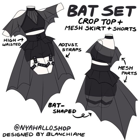 [PRE-SAMPLE PRE-ORDER] Bat Set (5-6+ months wait) – Nyahallo Clothes Ideas Drawing, Art Poses Reference, Vi Cosplay, Bat Costume, Art Outfits, Clothing Design Sketches, Drawing Anime Clothes, Dress Design Sketches, Whimsical Fashion