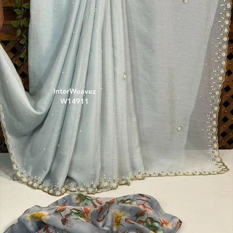 #Wrinkle #chiffon #saree With #beads work border With digital printed blouse Mirr *Only for 3699 freeshiping* Plain Chiffon Saree, 2024 Fits, Elite Fashion, Beads Work, Chiffon Collection, Fits Inspo, Saree Trends, Chiffon Saree, May 23