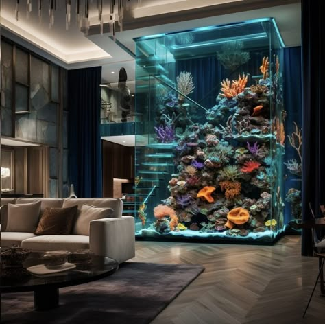 Big Aquarium Design, Futuristic Aquarium, Aquarium Design Ideas House, Big Aquarium Living Rooms, Aquarium Interior Design, Zen Aquarium, Aquarium Interior, Beautiful Aquariums, Aquarium Design Ideas