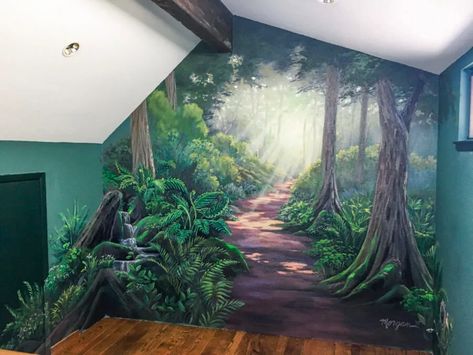 Forest Workout Room Mural - Morgan Mural Studios Magical Forest Wall Mural, Fairy Forest Wall Mural, Mural Wall Art Forest, Landscape Mural Ideas, Forest Wall Murals, Enchanted Forest Mural Painting, Woodland Mural Diy, Living Room Murals Ideas, Forest Wall Painting Ideas