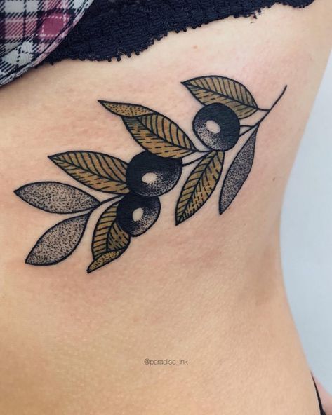 Traditional style olive branch tattoo on the rib Traditional Tattoo Ribs, 123 Tattoo, Profile Tattoo, Olive Tattoo, Tattoo Ribs, Traditional Drawings, Olive Branch Tattoo, Traditional Black Tattoo, Tier Tattoo