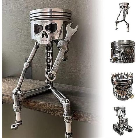 Upcycled Metal Art, Welded Crafts, Piston Skull, Cheap Halloween Party, Car Part Art, Car Parts Decor, Halloween Skeleton Decorations, Face Sculpture, Metal Puzzles