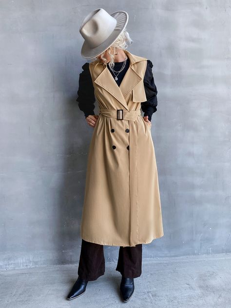 Urbanic Outfit, Sleeveless Trench Coat Outfits, Trench Coat Outfits, Waistcoat Outfit, Sleeveless Trench Coat, Trench Vest, Plain Vest, Sleeveless Trench, Trench Coat Outfit