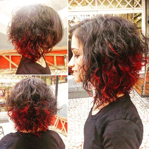 Curly Bob with Red Dip Dyed ends. Curly Hair With Red Ends, Red Dyed Ends Of Hair, Curly Hair With Dyed Ends, Short Curly Hair Red Highlights, Dyed Ends Of Hair Brunettes, Curly Hairstyles Dyed, Dyed Underlayer Curly Hair, Hairstyles Dyed, Dyed Ends Of Hair