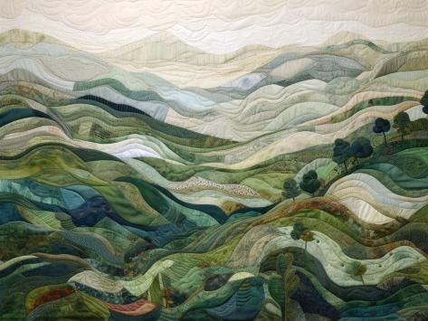 size: 12x9in Art Print: Quilted Landscape 10 by RileyB : Winter Landscape Quilt, Botanical Quilt Patterns, Nature Inspired Quilts, Landscape Quilt Patterns, Nature Quilt Patterns, Stack And Wack Quilt Pattern, Forest Quilt Pattern, Watercolor Quilt Patterns, Landscape Quilts Ideas