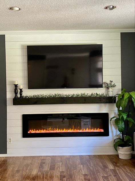 Shiplap Electric Fireplace, Electric Fireplace Living Room, Tv Mounted, Basement Fireplace, Built In Electric Fireplace, Build A Fireplace, Fireplace Tv Wall, Fireplace Built Ins, Living Room Decor Fireplace