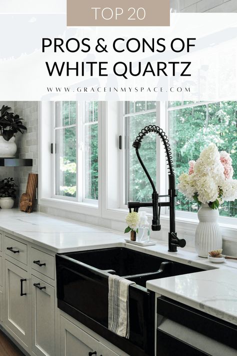 Are white quartz counters worth it? I'm going to help you decide with the top 20 white quartz countertops pros and cons for a kitchen remodel. #quartzcountertops #whitequartz #quartz #kitchendesign #kitchencountertops #kitchenremodel #quartzcounters #kitchendecor Cabinet Trends, Cocina Diy, Quartz Kitchen Countertops, Rural House, Quartz Kitchen, Organizing Hacks, White Quartz Countertop, Kitchen Design Trends, Kitchen Farmhouse