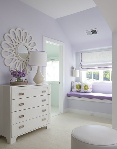 Inside A Preppy House with a Flair for Fun.   The Hardware on the chest could be used in the kitchen Lilac Girls Bedroom, Lilac Room, Lilac Bedroom, Lavender Bedroom, Built In Window Seat, Girl Bedrooms, Purple Bedroom, Purple Rooms, Purple Walls