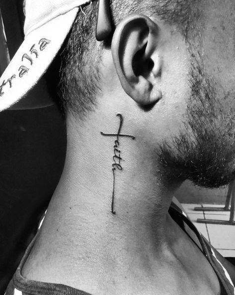 Christian Tattoo Faith Ear Tattoo, Cross Tattoo For Men Neck, Faith Neck Tattoo, Tattoo Behind Ear Men, Side Neck Tattoos For Men, Kingdom Tattoo, Back Ear Tattoo, Cross Tattoo Neck, Tattoos Neck