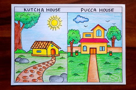 Video Tutorial uploaded on Amrita Drawing Book Channel. Subscribe for more creative Drawings and School Projects. #kutchahouse #puccahouse #housedrawing #scenery #howtodraw #drawing #easydrawing #drawingforkids #kids #Tutorial #stepbystep #easysteps Easy House Drawing For Kids, House Pictures Drawing, Village House Drawing, House Scenery Drawing, House Drawing Easy, Fingerprint Art Kids, Drawing Village, Drawing Easy For Kids, House Scenery