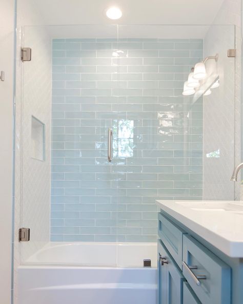 Beautiful Showers, Arabesque Tiles, Blue Shower Tile, Light Blue Bathroom, Blue Bathroom Tile, Beach House Bathroom, Bathroom Redesign, Bathroom Remodel Designs, Bathroom Remodel Shower