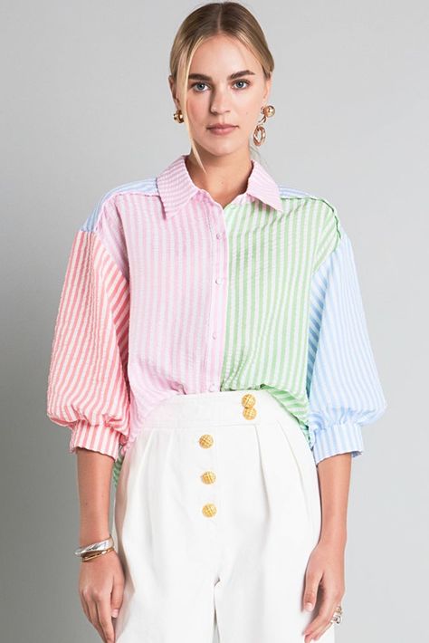 $8.95 Pink Stripe Color Block Balloon Sleeve Buttoned Loose Fit Shirt Wholesale Colorblock Shirt, Seersucker Fabric, Denim Short Dresses, Loose Fit Shirts, Stripe Shirt, Basic Shirts, Lingerie Romper, Pink Stripes, Sleeve Detail