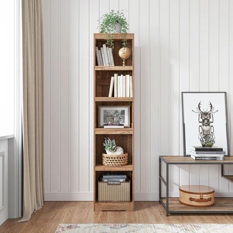 Gracie Oaks Mungo 68.3'' H x 15.6'' W Standard Bookcase & Reviews | Wayfair Tall Shelf Decor Living Room, Tall Narrow Bookcase, Home Office Dark, Narrow Bookshelf, Narrow Bookcase, Tall Bookcase, Display Books, Add Storage, Small Bookcase