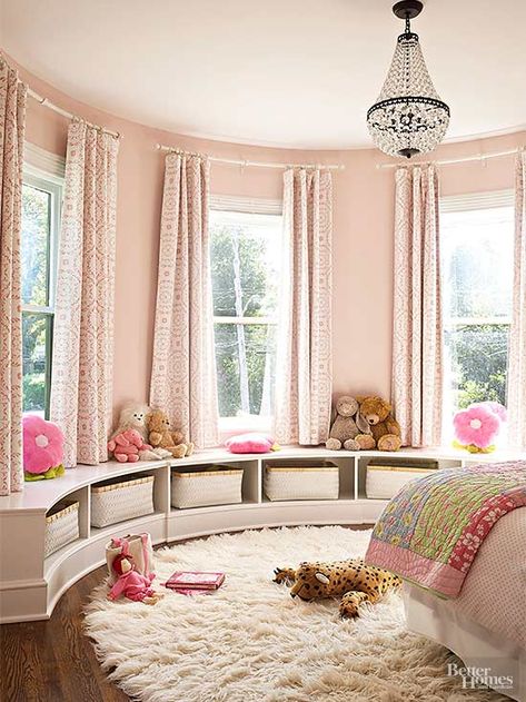 One little girl’s bedroom in the top of the original turret dresses up in soft… Girls Room Bed, Bow Window Treatments, Bed Bedroom Ideas, Bay Window Treatments, Bow Window, Ideas Hogar, Bed Bedroom, Girl Bedroom Designs, Room Bed