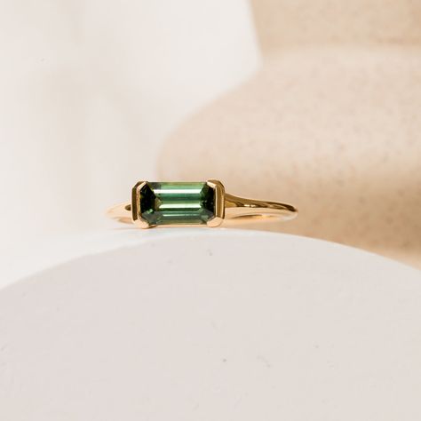 East West Bezel Engagement Ring, East West Bezel Set Ring, East West Emerald Cut Engagement Ring, Emerald And Gold Ring, East West Emerald Ring, Half Bezel Engagement Ring, Emerald Green Ring, Stunning Engagement Rings, Clean Rings