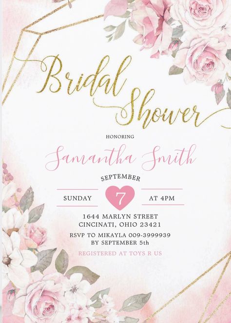 Elegant floral bridal shower invitations featuring beautiful blush pink watercolor roses and a gold geometric frame. Modern bridal shower invites and ideas. afflink Bridal Shower Invitations Free, Blush Pink Bridal Shower, Pink Bridal Shower Invitations, Bridal Shower Invites, Daughter Best Friend, Invitations Ideas, Modern Bridal Shower, Gold Bridal Showers, Watercolor Roses