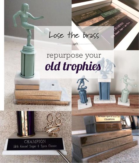 Lose the brass! Repurpose your box of old trophies Repurposed Trophies, Diy Trophies, Homemade Trophies, Trophy Craft, Diy Trophy, Trophy Stand, Bowling Trophy, Trophy Ideas, Old Trophies