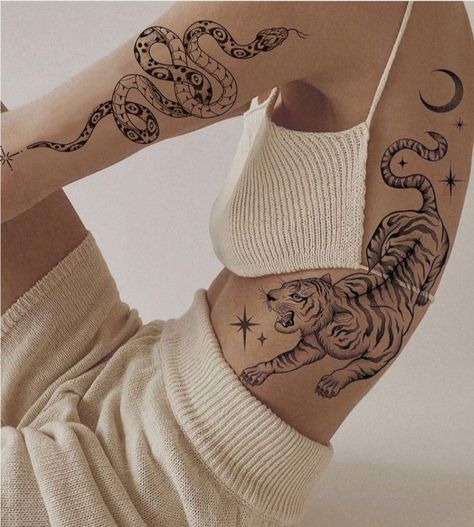 Tiger On Side Tattoo, Tradition Tiger Tattoo, Leg Tiger Tattoos Women, 2 Tiger Tattoo For Women, Celestial Tiger Tattoo, Tiger Tattoo For Women Traditional, Tiger Tattoo For Women Back Design, Tiger Collar Bone Tattoo, Moon Tiger Tattoo