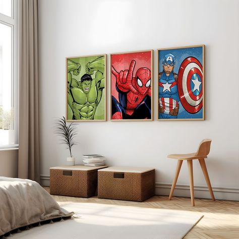 Set of 5 Colorful Supehero Wall Art, Boy Bedroom Decor, Kids Printables, Superheroes Theme, Digital Download - Etsy Canada Marvel Themed Bedroom Boy Rooms, Big Kid Room Boy Bedrooms, Superhero Bedroom Ideas Boys, Toddler Marvel Bedroom, Boys Spiderman Bedroom Ideas, Marvel Room Ideas Boy Bedrooms, Marvel Toddler Boy Room, Boys Marvel Bedroom Ideas, Marvel Bedroom Ideas Boy Rooms