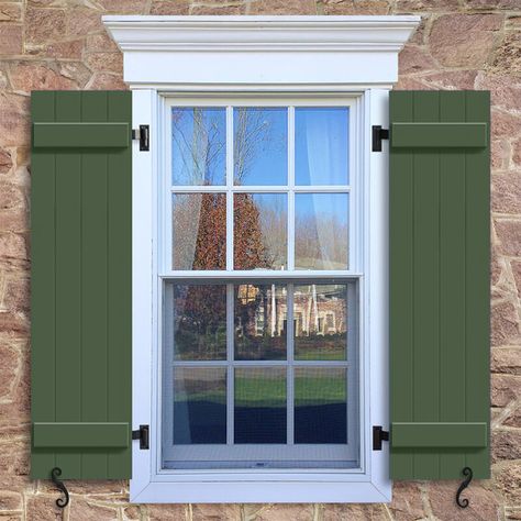 Window with green Board and Batten shutter, BBCV closed boards. Louvered Shutters Exterior, Window Shutters Exterior, Diy Exterior, Louvered Shutters, Board Batten, Custom Shutters, Board And Batten Shutters, Interior Shutters, Wooden Shutters