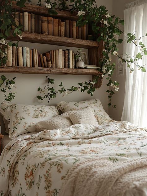 Transform your space with this cozy home bedroom refresh! 🌼 Vintage bookshelves, floral bedding, and lush greenery create a serene atmosphere perfect for relaxation. Enhance your home decor with these simple yet charming updates. #HomeBedroomRefresh #CozyDecor #VintageVibes Cozy Reading Bedroom Aesthetic, Soft Academia Bedroom, Small Bedroom Ideas Cottagecore, Bedroom Ashestic Cozy, Leafy Room Aesthetic, Floral Vintage Bedroom, Cozy Floral Bedroom, Goblin Core Room Decor Ideas, Cozy French Bedroom