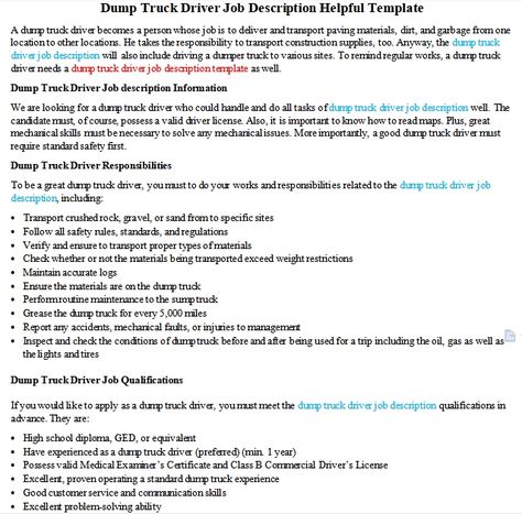 Dump Truck Driver Job Description Helpful Template Truck Driver Format For Yahoo, Thor Wallpaper, Job Description Template, Driver Job, Dumper Truck, Job Description, Dump Truck, Good Customer Service, Truck Driver