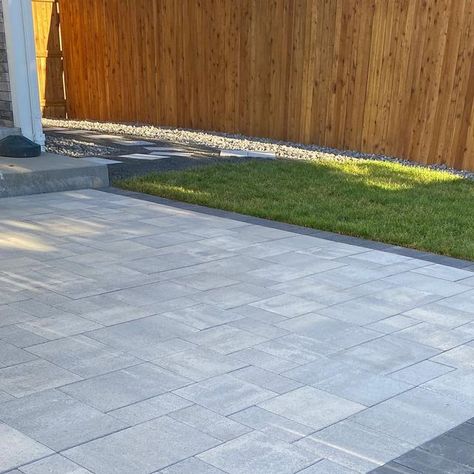 Grey Paver Walkway, Grey Pavers Backyard, Driveway To Patio Transition, Belgard Dimensions Pavers, Grey Pavers Patio, Gray Pavers Patio, Belgard Pavers Patio Design Inspiration, Backyard Landscaping Pavers, Driveway Pavers Design