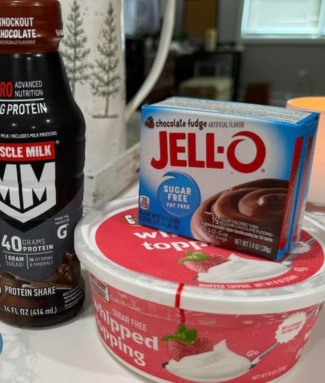 Whipped Chocolate protein pudding Protein Pudding With Cool Whip, Weight Watchers Pudding Recipes, Frozen Protein Pudding, Protein Drink Pudding Recipe, High Protein Jello Mousse, High Protein Chocolate Mousse, Protein Fluff Recipe Cool Whip, Jello Protein Pudding, Protein Drink Pudding