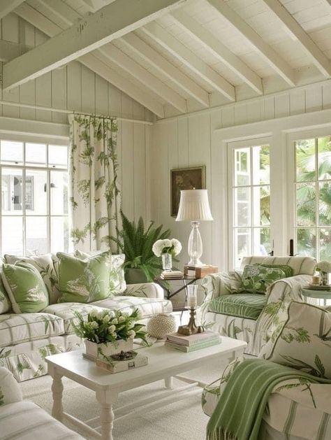 Spring Green Living Room, Calm Blue Living Room, Den Decorating Ideas Cozy, Interior Sunroom Ideas, White And Green Room, Small Cottage Interiors Living Room, White And Green Interior, French Country Sunroom, Small Cottage Living Room Ideas