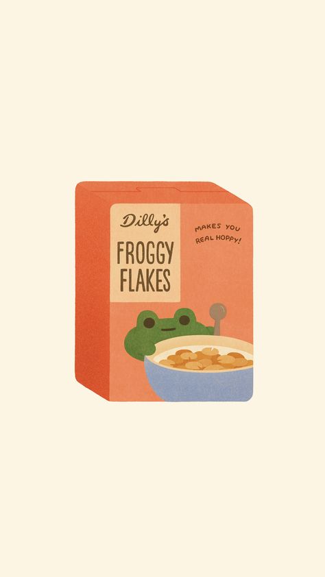 cute illustration of a Froggy Flakes Cereal box Cute Cereal Drawing, Cereal Box Aesthetic, Aesthetic Cereal Box, Cute Cereal Box Design, Cereal Wallpapers, Cereal Box Design Ideas, Cereal Box Ideas, Cereal Box Illustration, Patreon Ideas