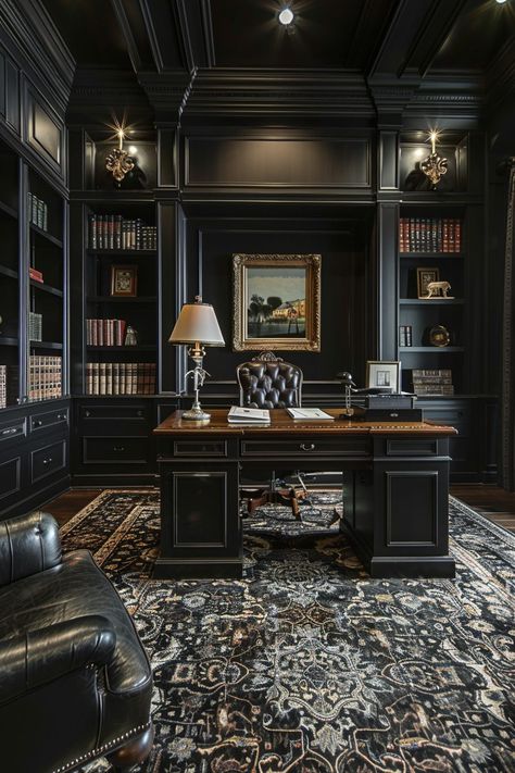 29 Dark Maximalism Ideas for an Elegant Atmosphere - My Elegant Home Luxury Craft Room, Dark Study Room, Dark Academia Study Room, Moody Study, Luxury Home Library, Gentleman Office, Dark Wood Paneling, Texas Office, Dark Maximalism