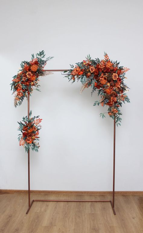 Flower Arch Arrangement, Burnt Orange Flowers, Wedding Flower Arch, Faux Flowers Wedding, Arch Arrangement, Floral Archway, Wedding Archway, Bridal Bouquet Fall, Flower Arch