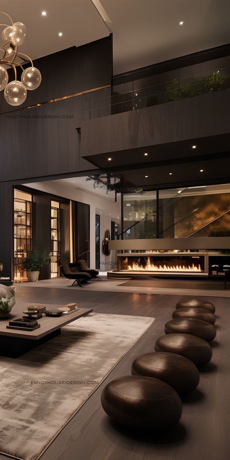 elegant living room of this lavish estate, where grandiosity is evident in every detail of the interior decor. Dark House Interior, Dark Modern House, Dark Interior Design, Dark Modern, Modern House Interior, Mansion Interior, Hus Inspiration, Dark Interiors, Luxury Homes Interior