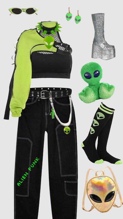 Alien Punk #aesthetic #greenaesthetic #pinterest #alien #aliens #alienaesthetic #punk #punkaesthetic #alienpunk #outfit #outfitinspo Robot Aesthetic Outfit, Alien Inspo Outfit, Rave Punk Outfits, Raver Outfits Ideas, Alien Core Aesthetic Outfits, Robotcore Outfits, Aliencore Fashion, Space Themed Accessories, Alien Themed Outfit