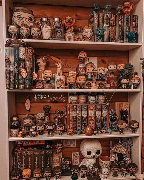 Harry Potter Shelf Display, Harry Potter Funko Pop Collection, Funko Pop Display Ideas, Slytherin Room, Harry Potter Display, Harry Potter Library, Harry Potter Bedroom Decor, Игрушки Funko Pop, Funko Pop Display