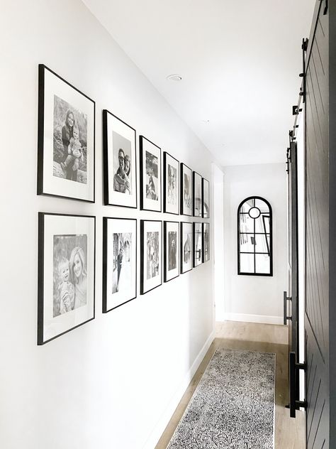 black and white family pics of wood accent wall Passage Decor, Family Gallery Wall, Family Photo Wall, Black And White Photo Wall, Photo Wall Decor, Photo Wall Gallery, Gallery Wall Living Room, The Passage, Farmhouse Interior