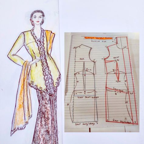 Kebaya Pattern Sewing, Draped Skirt Pattern Drafting, Pola Kebaya Kutubaru, Cape Dress Pattern, Draped Skirt Pattern, Pola Korset, Pola Kebaya, Kebaya Moden, Basic Dress Pattern