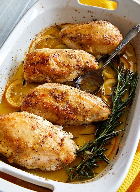 Lemon Rosemary Chicken Breast, Recipes Background, Easy Chicken Breast Recipe, Baked Bone In Chicken, Bone In Chicken Breast, Craving Tasty, Chicken Breast Dishes, Easy Baked Chicken Breast, Lemon Rosemary Chicken