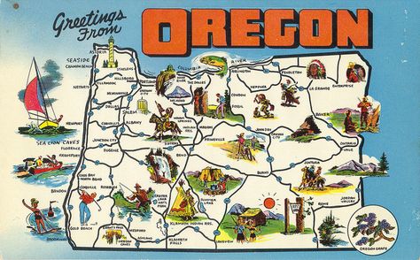 greetings Map Of Oregon, Oregon Map, Seaside Oregon, Oregon Life, Retro Map, State Of Oregon, Oregon Travel, Oregon State, State Map