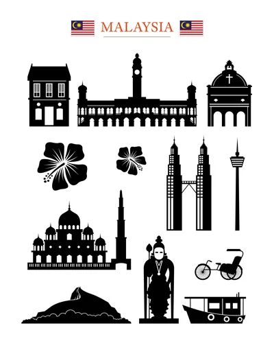 Malaysia landmarks people in traditional clothing Vector Image Object Architecture, Clothing Vector, Black And White Silhouette, Creative Presentation, Culture Travel, Traditional Clothing, Design Thinking, Set Design, Architecture Building