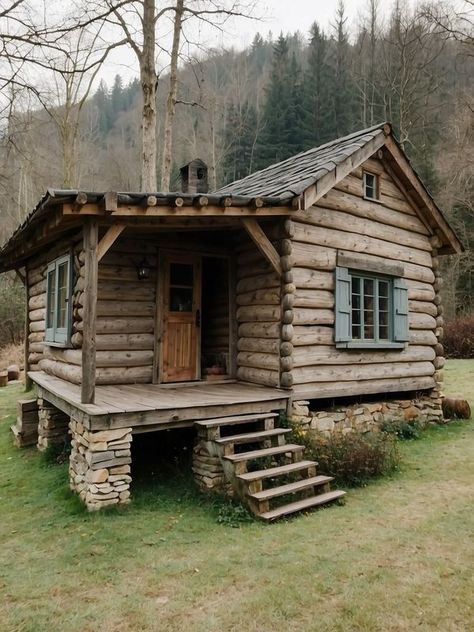 Log Home Ideas, Cabin Style Homes, Little Cabin In The Woods, Log Cabin Rustic, Small Log Cabin, Building A Cabin, Cabin Living, Little Cabin, Log Cabin Homes