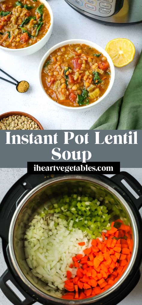 This Instant Pot Lentil Soup is loaded with vegetables for a healthy, filling meal. This cozy recipe is perfect for a busy weeknight since it cooks quickly in the Instant Pot. Vegan Broccoli Cheddar Soup, Brown Lentil Soup, Sweet Potato Sushi, Instant Pot Lentil Soup, Simple Stir Fry, Baked Fish Tacos, Quick Vegetarian Dinner, Vegan Tomato Soup, Vegan Lentil Soup