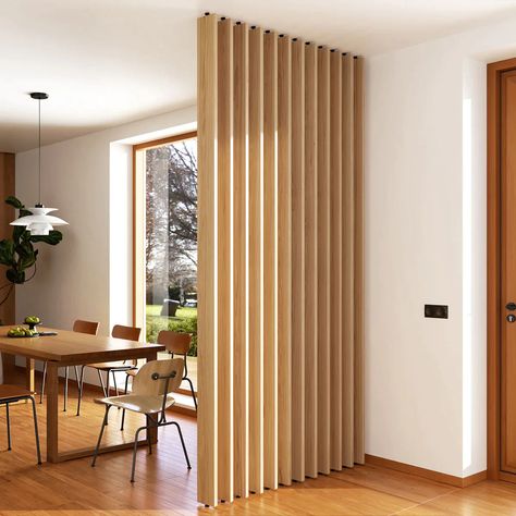 10 Wood Slat Room Divider Ideas You Can Buy or DIY Wood Home Design Ideas, Wood Seperator Wall, Midcentury Modern Room Dividers, Wooden Room Dividers Dividing Wall, Oak Room Divider, Slatted Wall Divider, Wood Panel Room Divider, Wooden Slat Room Divider, Room Seperate Ideas