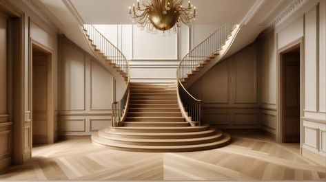 Luxurious Modern Parisian Grand Foyer with Double Staircase and Brass Balustrade | MUSE AI Double Staircase Foyer Modern, Grand Staircase Modern, Brass Balustrade, Double Staircase Foyer, Dual Staircase, Modern Parisian, Double Staircase, Grand Foyer, Entrance Foyer