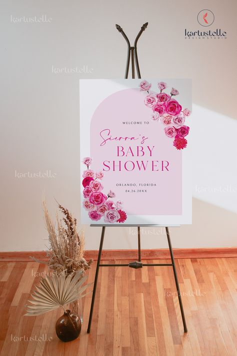 Pink Floral Baby Shower, Blush Pink Roses, Hot Pink Floral, Baby Posters, Welcome Sign Template, Baby Shower Sign, Etsy Ideas, Bridal Shower Welcome Sign, Shower Welcome Sign