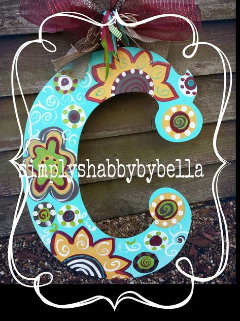 Colorful Cute Wood Letter Door Hanger - Etsy Canada Letter Door Hanger, Burlap Ribbon Bow, Letter Door Hangers, Initial Door Hanger, Custom Door Hangers, Painting Wooden Letters, Fairhope Al, Wood Door Hanger, Letter Decor